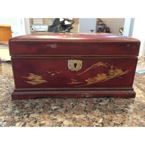 Vintage Japanese Red Lacquer Jewelry Box Gold Mt Fuji Pagoda Etched Blue Velvet